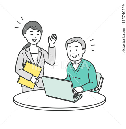 Illustration of an elderly man being taught by an instructor in a computer class Illustration of an elderly man being taught by an instructor in a computer class 115740599