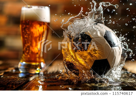 Soccer Ball Splashing Beer Glass - celebrating a goal and victory in football 115740617