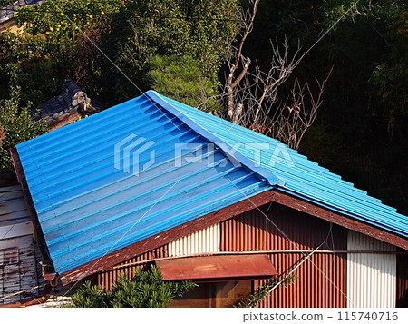 Blue tin roof landscape Blue tin roof landscape 115740716