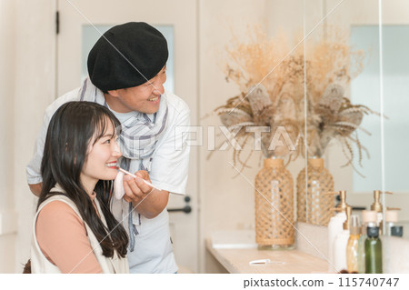 Actresses, models, talents, and idol women receiving makeup from hair and makeup artists Actresses, models, talents, and idol women receiving makeup from hair and makeup artists 115740747