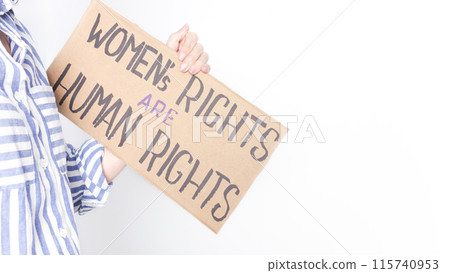 Woman holding a sign with the text Womens Rights are Human Rights on a white background 115740953