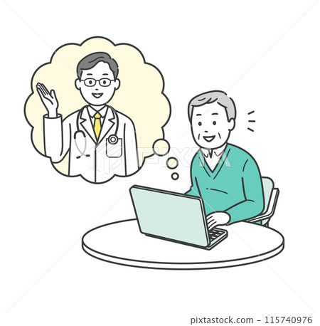一位老人和一位醫生在筆記型電腦上接受線上醫療的上半身插圖 一位老人和一位醫生在筆記型電腦上接受線上醫療的上半身插圖 115740976