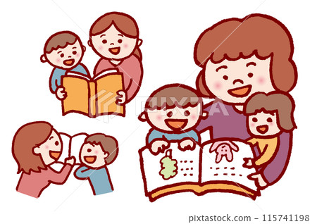Mother and children reading picture books 115741198