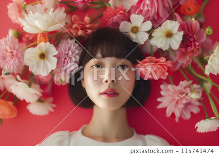 被美麗花朵包圍的日本女性肖像 被美麗花朵包圍的日本女性肖像 115741474
