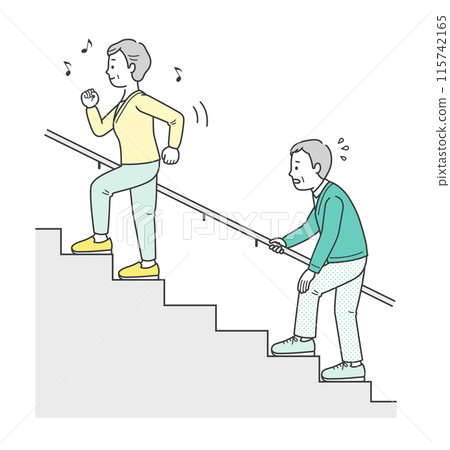 Illustration of an elderly woman climbing the stairs with vigor and an elderly man who seems to be in pain 115742165