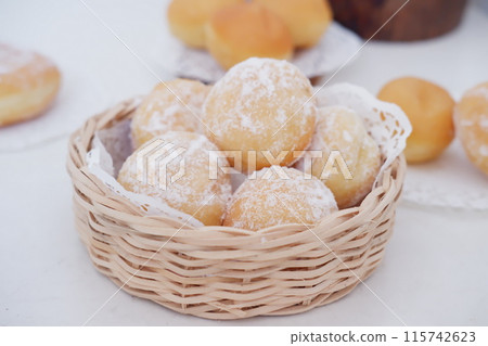 delicious snowball donuts as a background 115742623