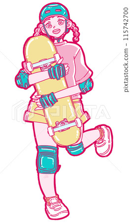 拿著滑板的微笑的女孩 拿著滑板的微笑的女孩 115742700