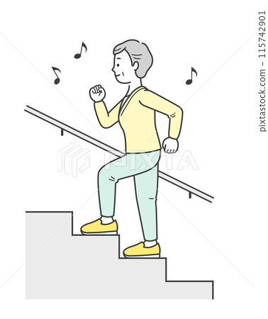 Full-body illustration of an elderly woman climbing the stairs energetically 115742901