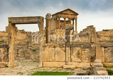 Dar Lacheb Gate and Capitol Temple at ruins of Dougga in Tunisia 115742953