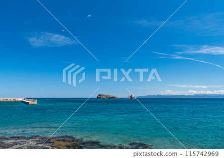 [Wakinosawa Taijima, Shimokita Peninsula, Aomori Prefecture] The uninhabited island that resembles a sea bream in the Shimokita Geopark is called Taijima. 115742969