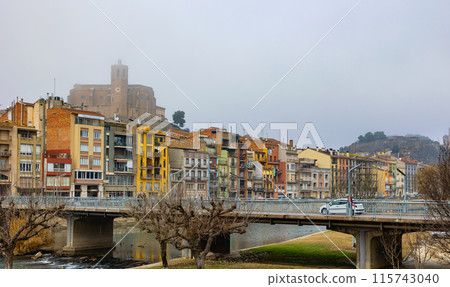 View of bridge over Segre River in Catalonia - town of Balaguer. View of bridge over Segre River in Catalonia - town of Balaguer. 115743040