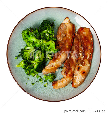 Roasted pork belly served with broccoli Roasted pork belly served with broccoli 115743144