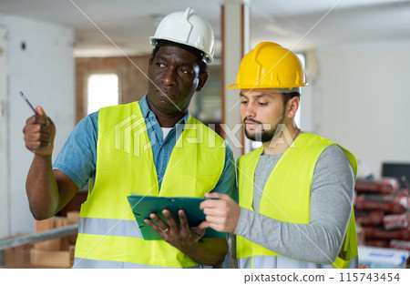 Two engineers discussing work in apartment 115743454