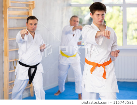 Young guy trains karate techniques in studio Young guy trains karate techniques in studio 115743581
