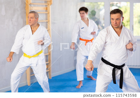 Man in white kimono performing kata routines at martial arts training 115743598