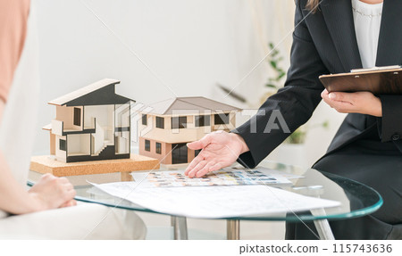 The hands of a female mortgage advisor explaining the layout and mortgage using a house model 115743636