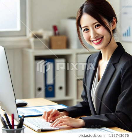 A woman in her 20s smiling as she does desk work A woman in her 20s smiling as she does desk work 115743676