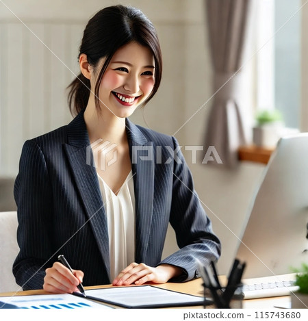 一名20多歲的女性在辦公桌前工作,臉上掛著微笑 一名20多歲的女性在辦公桌前工作,臉上掛著微笑 115743680