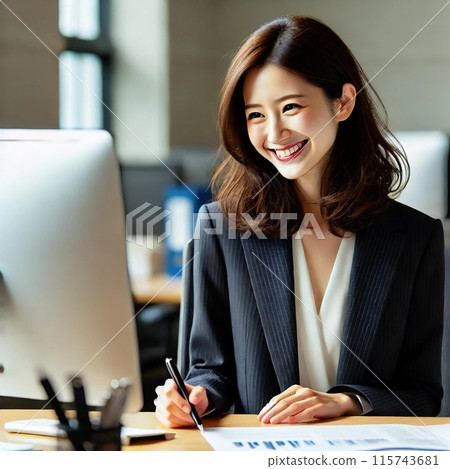 一名20多歲的女性在辦公桌前工作,臉上掛著微笑 一名20多歲的女性在辦公桌前工作,臉上掛著微笑 115743681