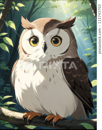 一隻可愛的貓頭鷹棲息在樹枝上的插圖 115743703