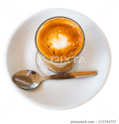 Cup of cortado, Spanish beverage made of espresso with dessert 115743757