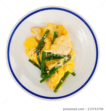 Omelette with chicken breast and blanched asparagus 115743794