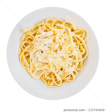 Delicious creamy Roquefort cheese pasta served on white plate 115743849