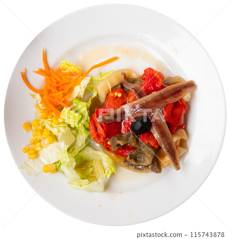 Catalan cuisine. Popular tapa escalivada from roasted vegetables Catalan cuisine. Popular tapa escalivada from roasted vegetables 115743878