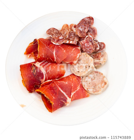 Slicing of smoked white sausages, ham and pieces whip 115743889