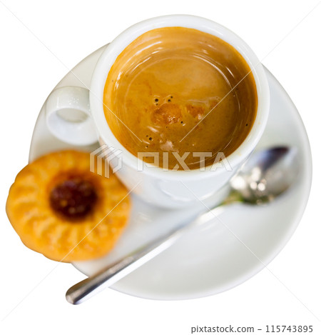 Cup of cortado, Spanish beverage made of espresso with dessert 115743895