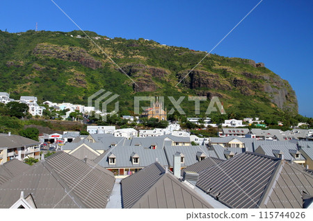 Reunion Island, an overseas department of France: The cityscape of Saint-Denis, the capital city, and the Notre Dame Church 115744026