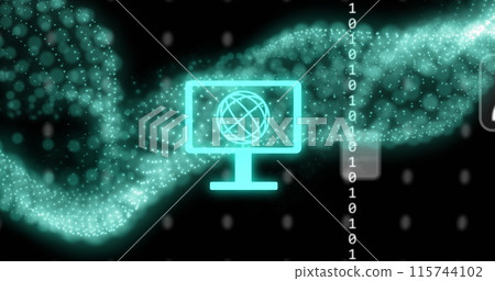 Image of digital icons and data processing with green mesh over black background 115744102