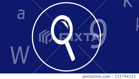 Image of digital magnifying glass icon, letters and data processing on blue icon Image of digital magnifying glass icon, letters and data processing on blue icon 115744125