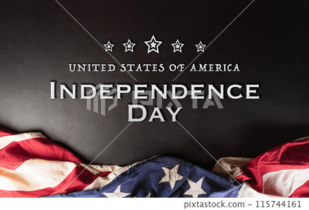 Happy Independence day concept made from American flag and the text on dark wooden background. Happy Independence day concept made from American flag and the text on dark wooden background. 115744161