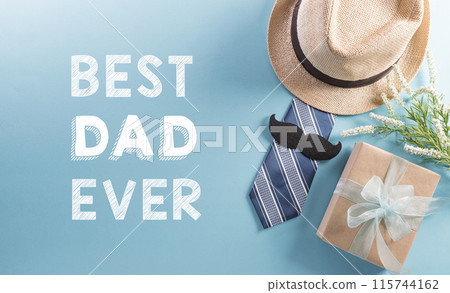 Happy Fathers Day background concept with hat, gift box, necktie and mustache on pastel background. 115744162