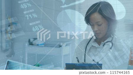 Image of graphs and infographic interface, diverse female doctors analyzing x-ray in hospital Image of graphs and infographic interface, diverse female doctors analyzing x-ray in hospital 115744165