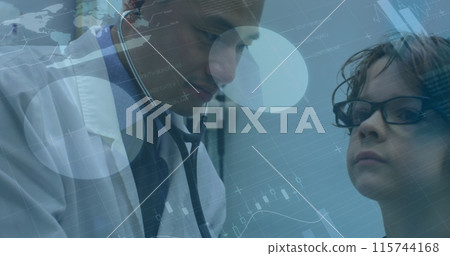 Image of infographic interface over diverse doctor checking boy with stethoscope in hospital 115744168