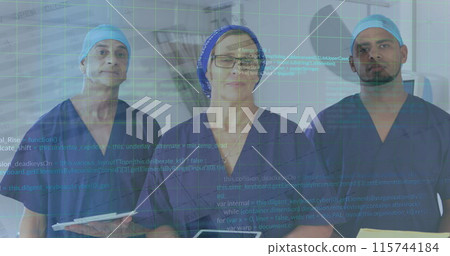 Image of computer language and infographic interface over diverse doctors standing in hospital Image of computer language and infographic interface over diverse doctors standing in hospital 115744184