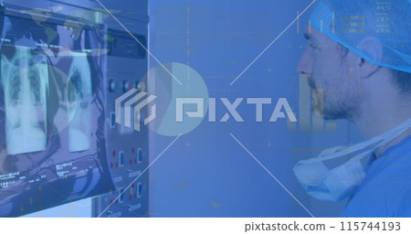 Image of infographic interface over caucasian doctor analyzing x-ray on technology in hospital Image of infographic interface over caucasian doctor analyzing x-ray on technology in hospital 115744193