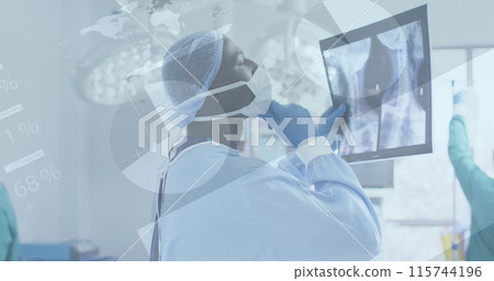 Image of infographic interface, african american doctor anaylzing x-ray report at operation room Image of infographic interface, african american doctor anaylzing x-ray report at operation room 115744196