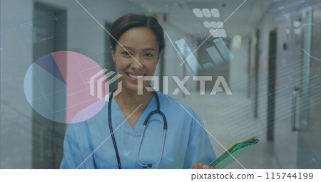 Image of infographic interface over biracial female nurse with notepad standing in corridor 115744199