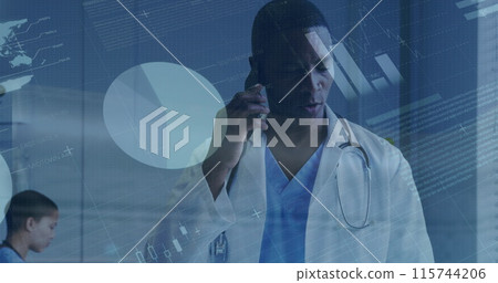Image of infographic interface, angry african american doctor talking on cellphone at hospital Image of infographic interface, angry african american doctor talking on cellphone at hospital 115744206