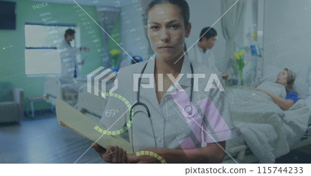 Image of infographic interface over biracial doctor with notepad standing in hospital 115744233