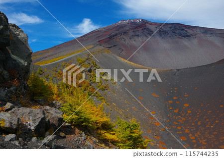 View of the Hoei No. 1 crater and the summit from the rim of the Hoei No. 2 crater of Mt. Fuji with the blue sky in the background Ver5 115744235
