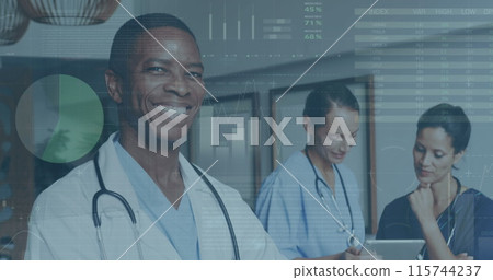 Image of infographic interface over smiling african american doctor standing arms crossed Image of infographic interface over smiling african american doctor standing arms crossed 115744237