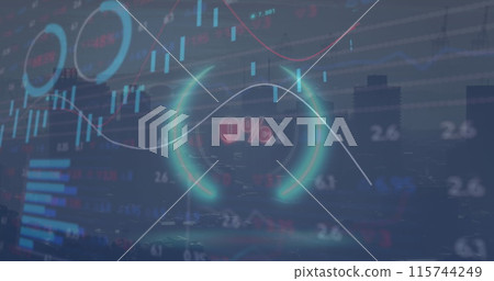 Image of 0 with percentile in circle over graphs, loading circle and trading board against city Image of 0 with percentile in circle over graphs, loading circle and trading board against city 115744249