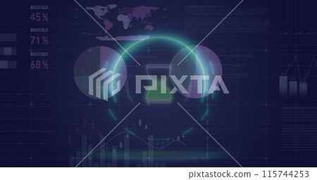 Image of hourglass in circle over multicolored infographic interface on abstract background 115744253