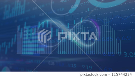 Image of infinity symbol over multiple graphs and trading board and loading circles Image of infinity symbol over multiple graphs and trading board and loading circles 115744254