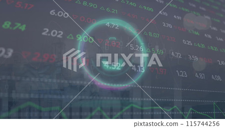 Image of battery icon in circle and trading board over caucasian man working on laptop 115744256