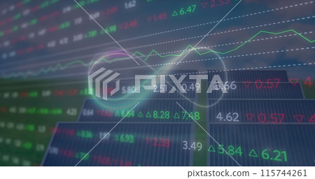 Image of infinity symbol and trading board over solar panels on green field against sky 115744261